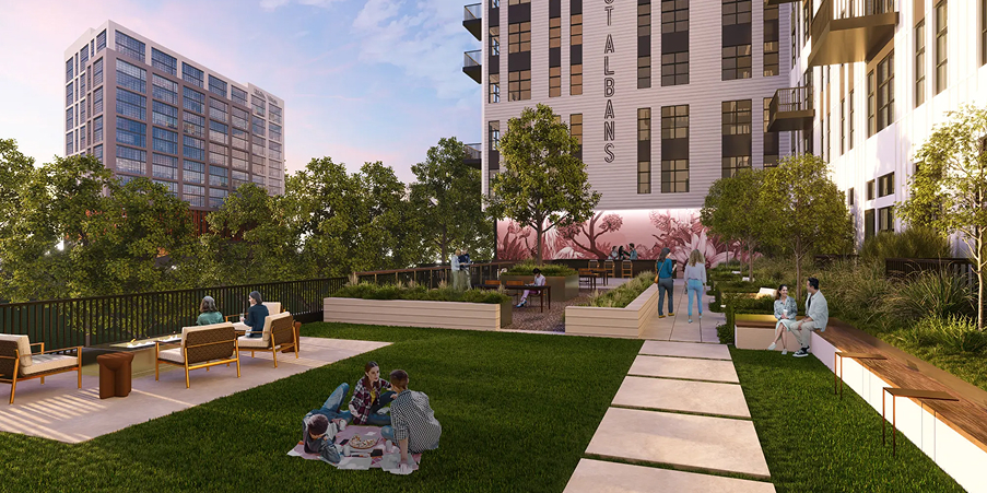 Concept art of building sitting on outside terrance